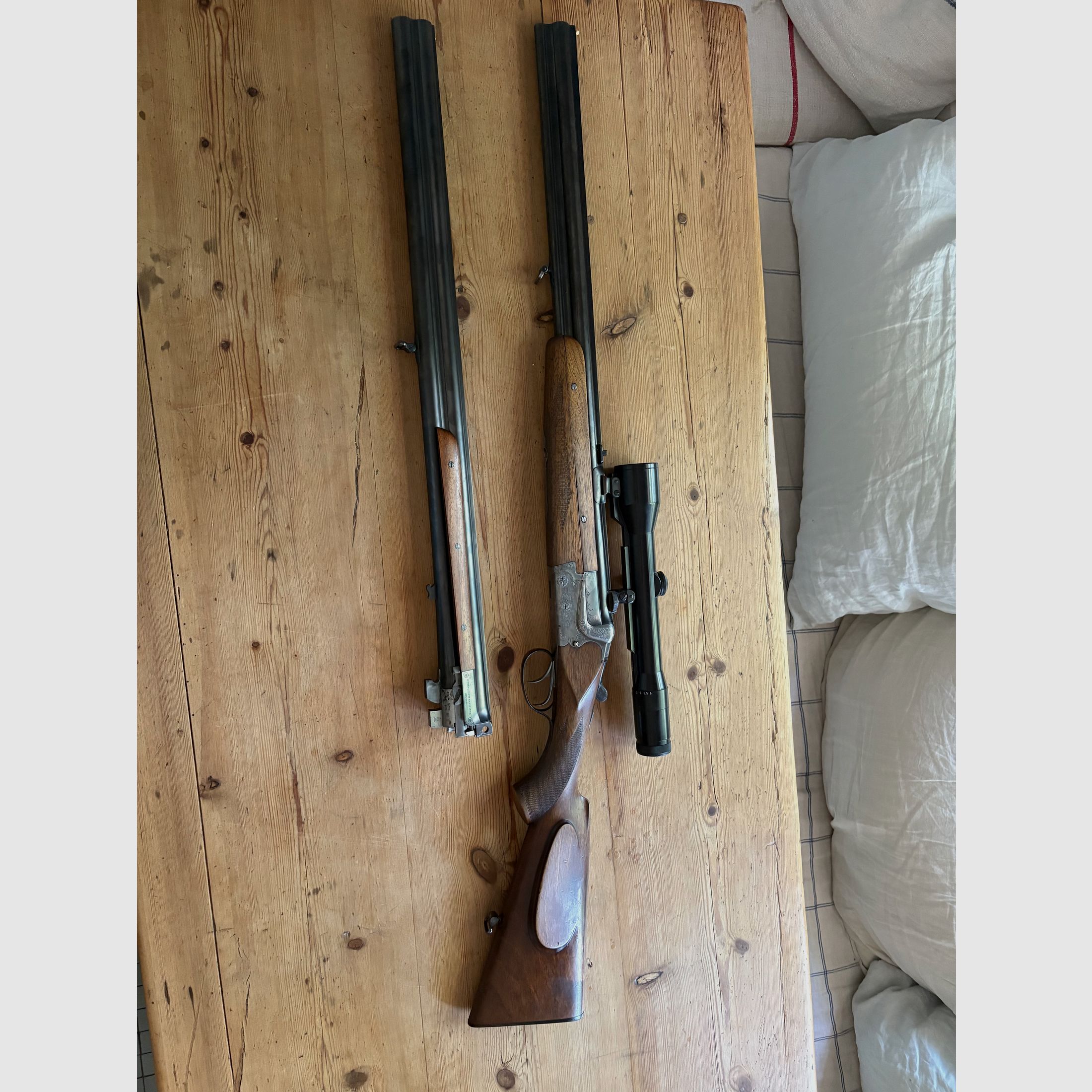 Karabin Merkel Bockbüchsflinte 7x57 R połączony z 12/70 z wymiennym zestawem strzelb 12/70