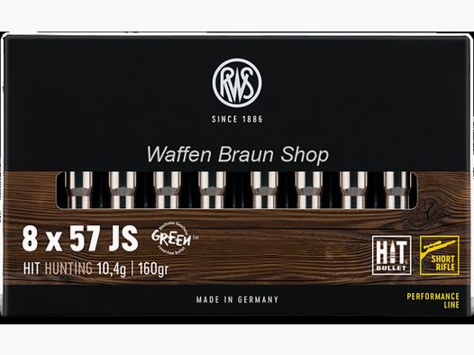 RWS 8x57 JS Short Rifle HIT 10,4g/160 grain 20 Stück