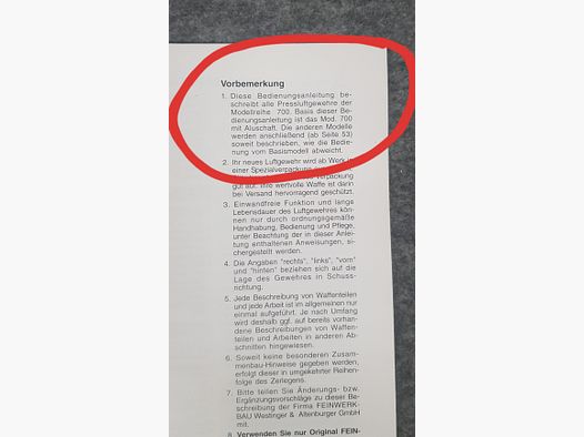 Feinwerkbau FWB Mod. 700 Beschreibung Bedienungsanleitung Luftpistole Luftgewehr KK Gewehr Co2 Pistole siehe Beschreibung. Preis ab