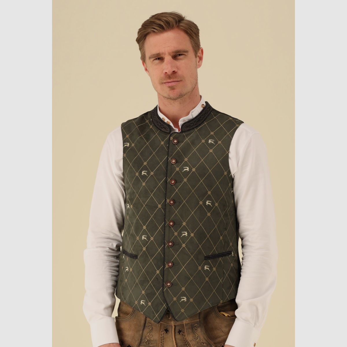 OS TRACHTEN Men's Vest Stand-Up Collar with Embroidery, 2 Pocket Flaps Olive