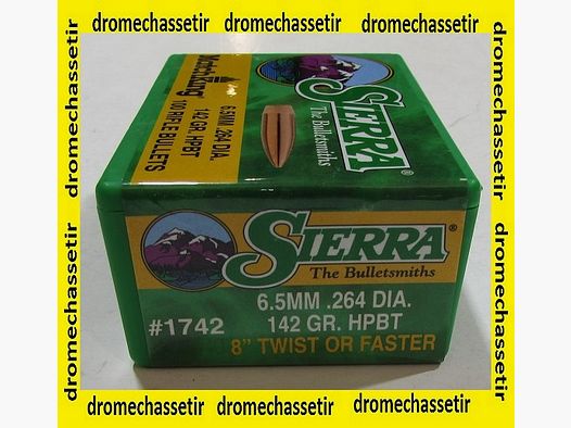 boite de 100 ogives Sierra 6,5mm, 142grs HPBT Matchking, ref 1742