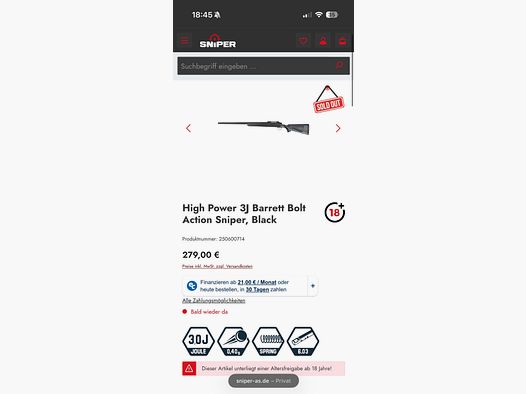 High Power 3J Barrett Bolt Action Sniper, Black