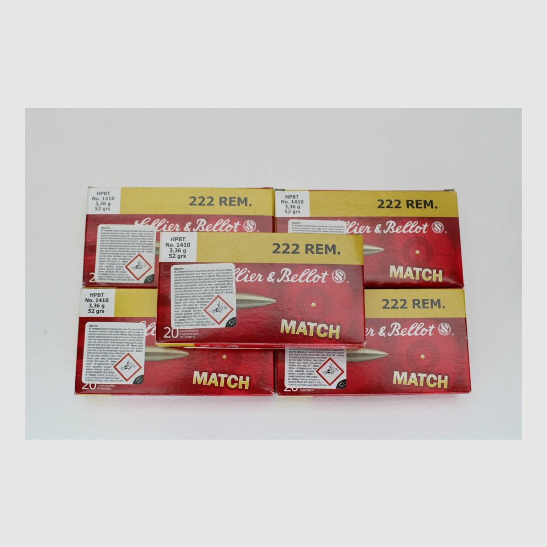 100 Schuß S&B Match .222Rem 3,36gramm 52grs. 5x20er Pack