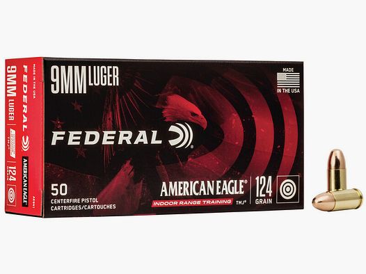 Federal American Eagle Indoor Range Training 9mm Luger 124GR TMJ 50 cartridges