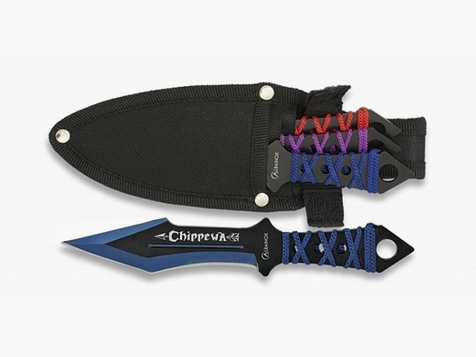 3x couteau de lancer 17cm avec lame asymétrique enroulement coloré et étui