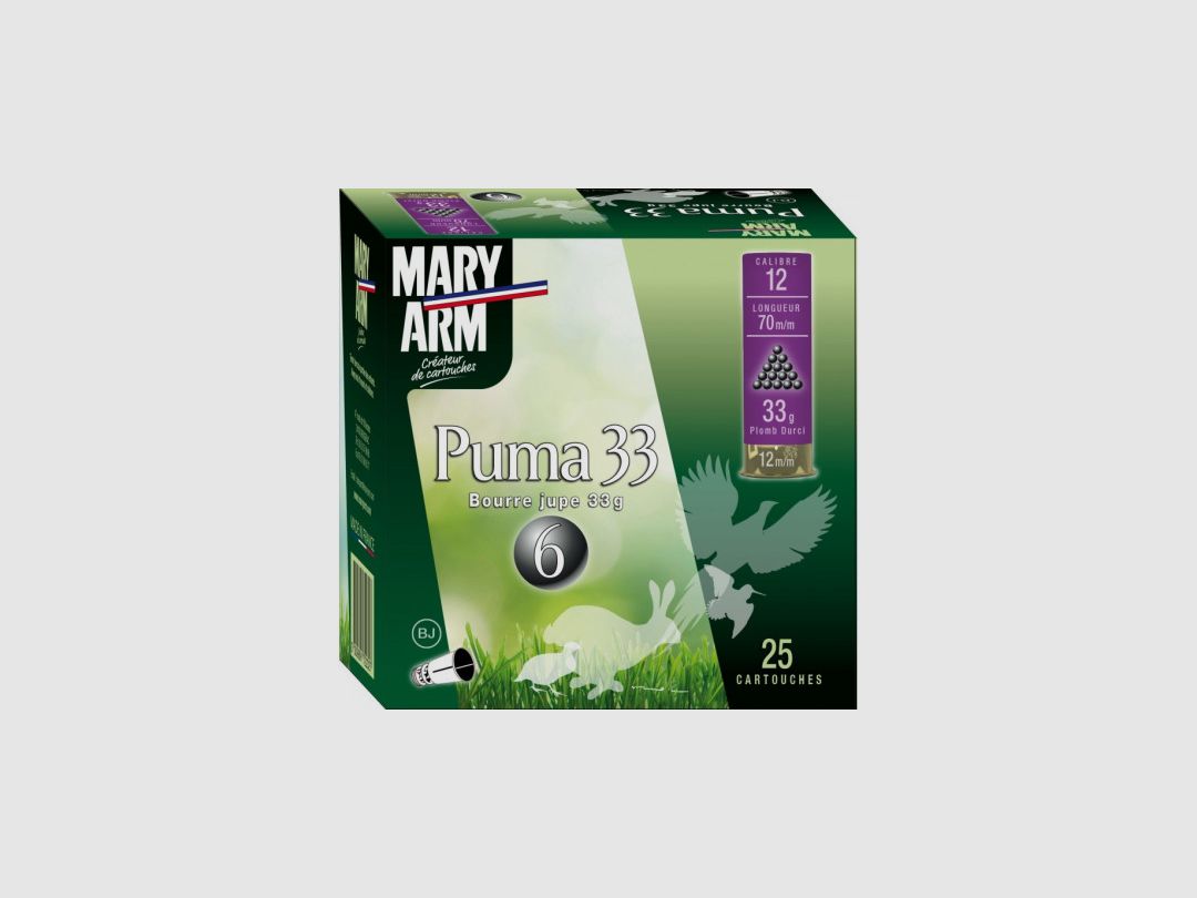 PACKUNG MIT 25 PATRONEN MARY ARM PUMA 33G BOURRE JUPE KAL.12/70 BLEI 9, Bild 1 von 2