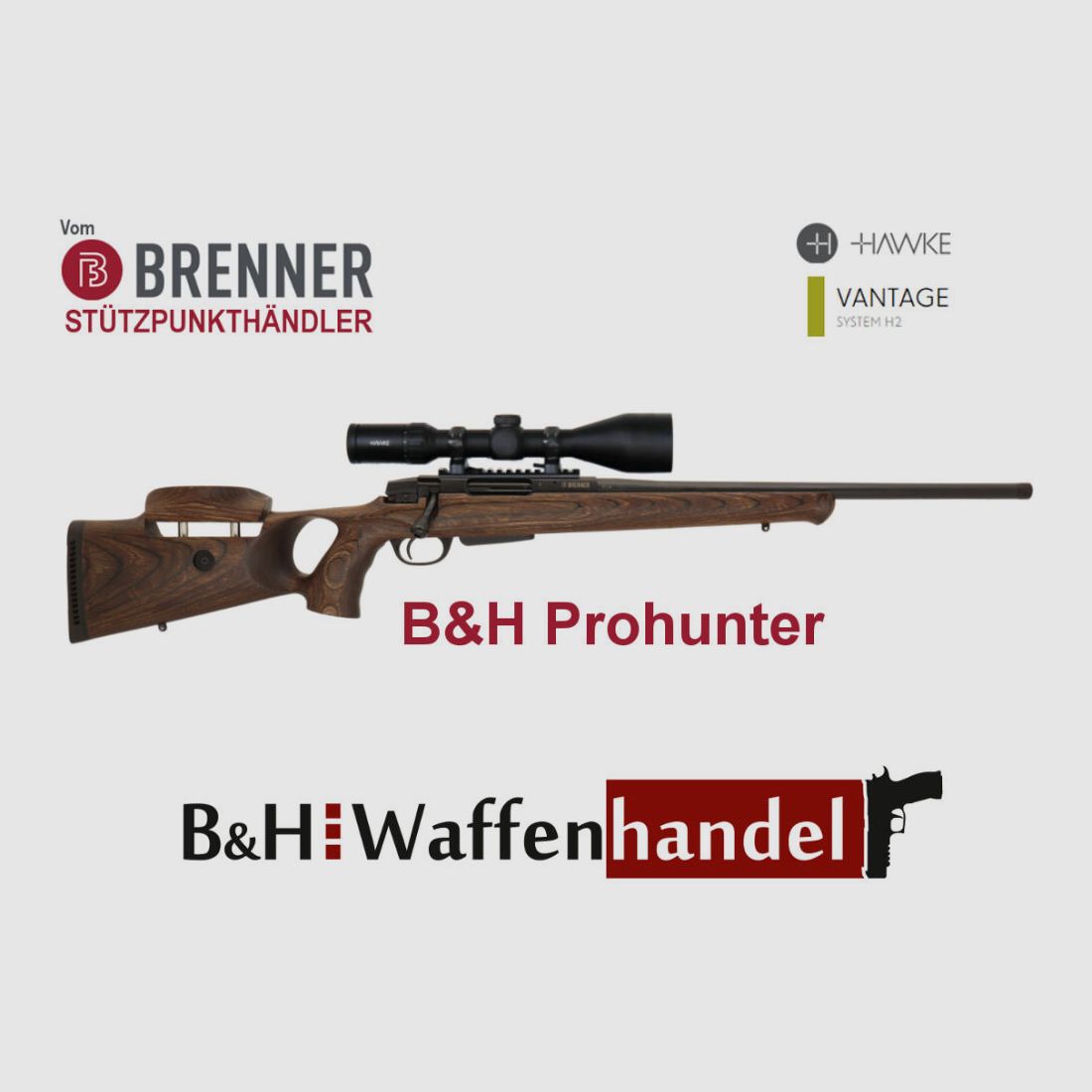 Brenner Komplettpaket:	 BR20 B&H Prohunter Lochschaft mit Hawke 3-12x56 fertig montiert