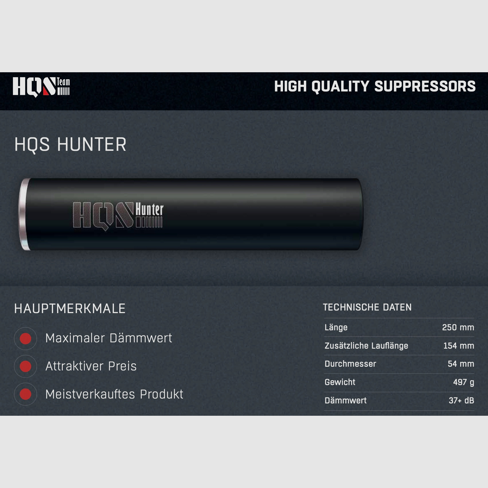 HQS Schalldämpfer HUNTER Kaliber max. 6,5 /.264 inklusive Adapter Over Barrel