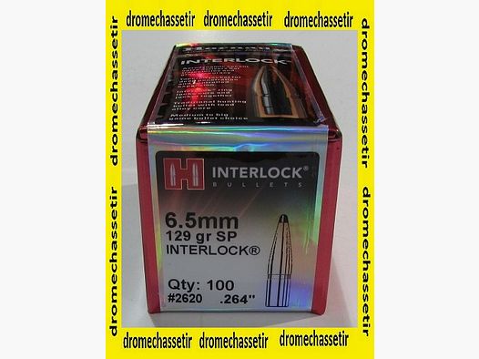 Box of 100 Hornady bullets, 6.5mm, Interlock SP 129 grains, ref 2620