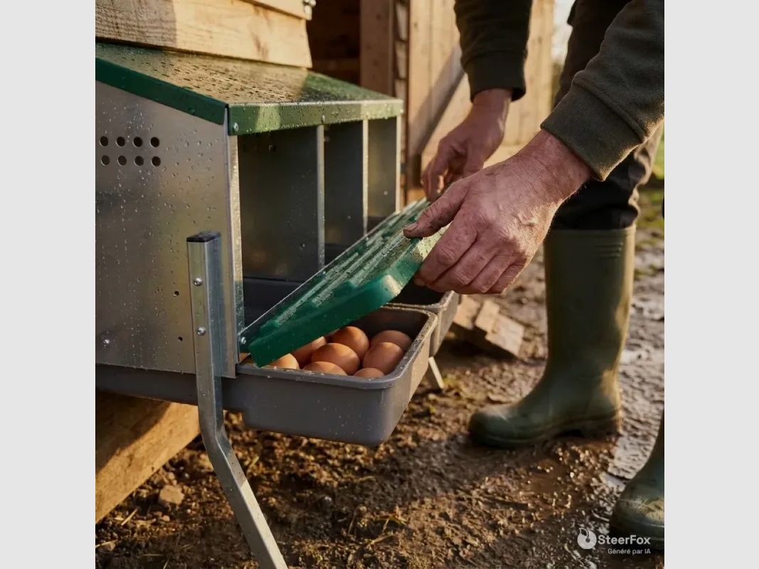 Eierablage mit 4 Nestern auf Stahlfüßen - Automatische Eierrettung, Bild 1 von 9
