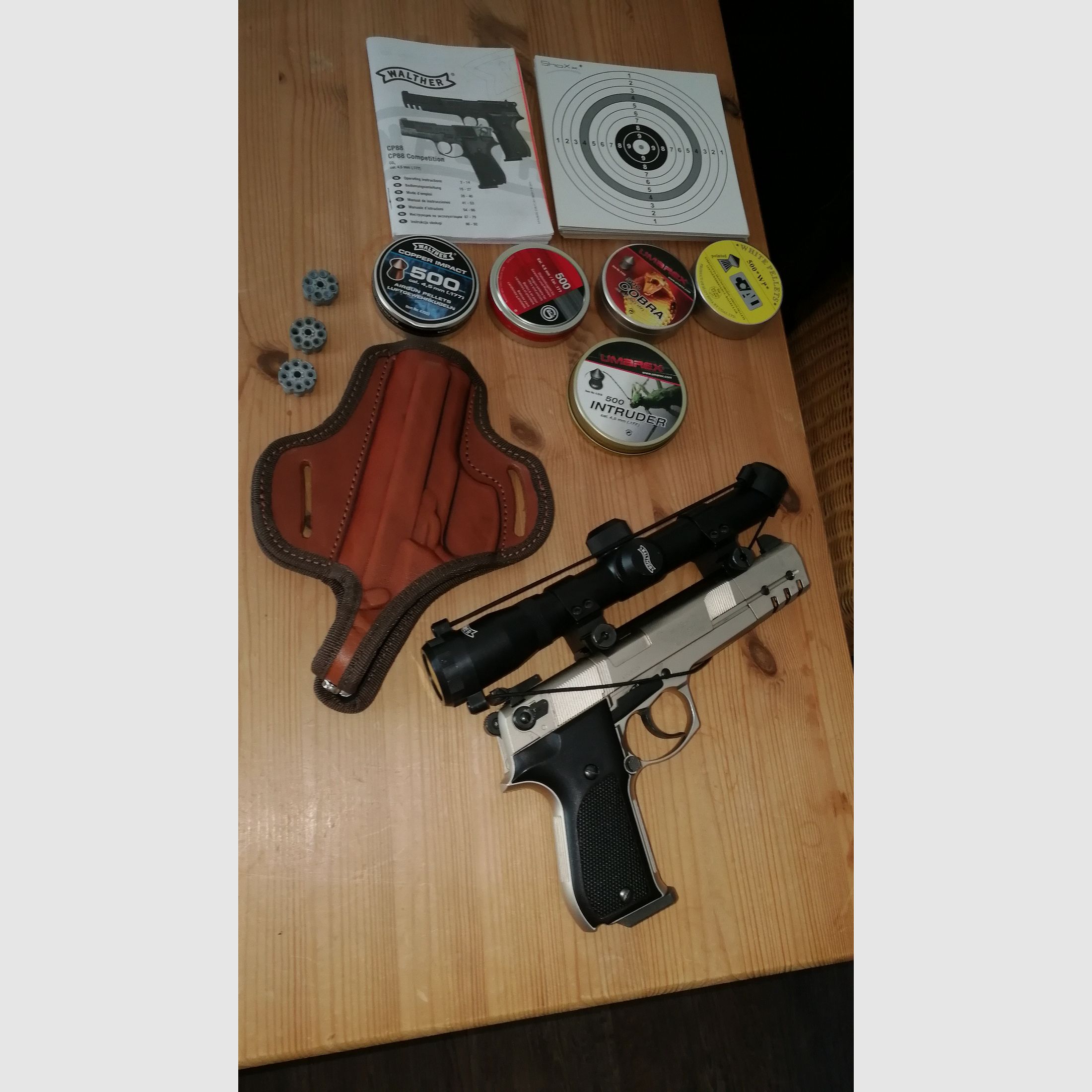 Walther CP 88 "Sniper editie" verchroomde luchtpistool met veel accessoires