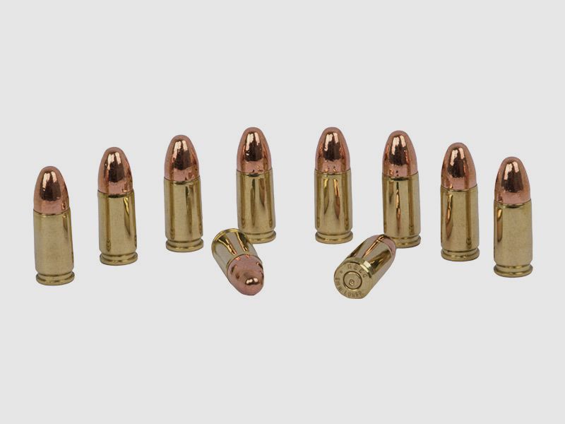 Dekopatrone Kaliber 9 x 19 mm 9 mm Luger in Kupfer blinde Originalpatronen 10 StĂĽck (P18)