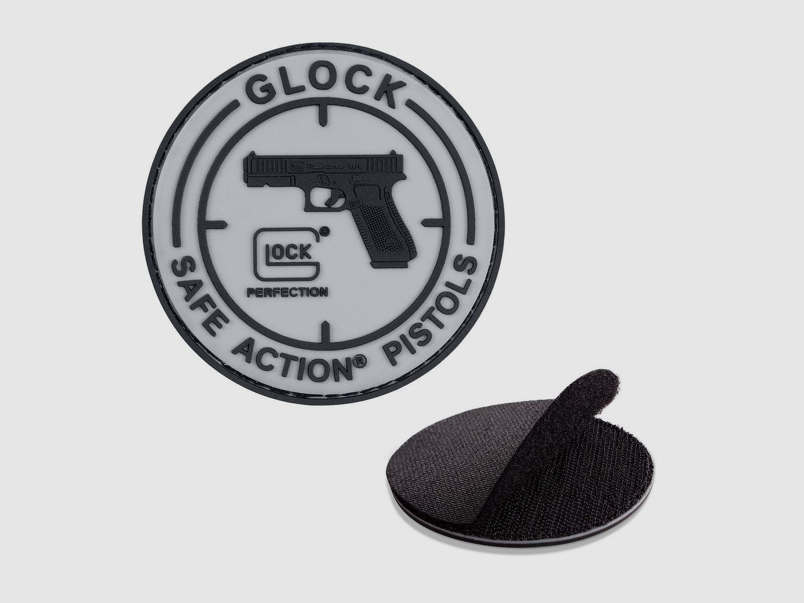 Glock Patch in gomma "SAFE ACTION® PISTOLS" – Ø 8 cm – Velcro