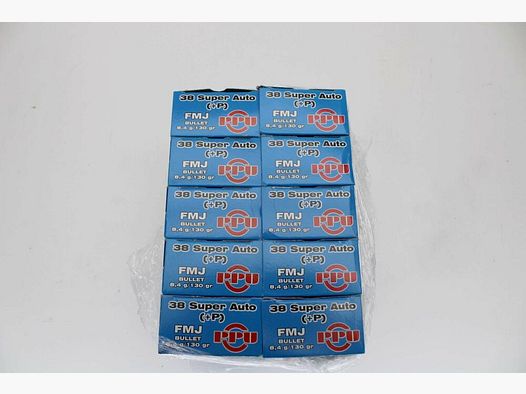 500 rounds PPU .38 Super Auto P+ with 8.4 grams 130 grs. FMJ 10x50 pack