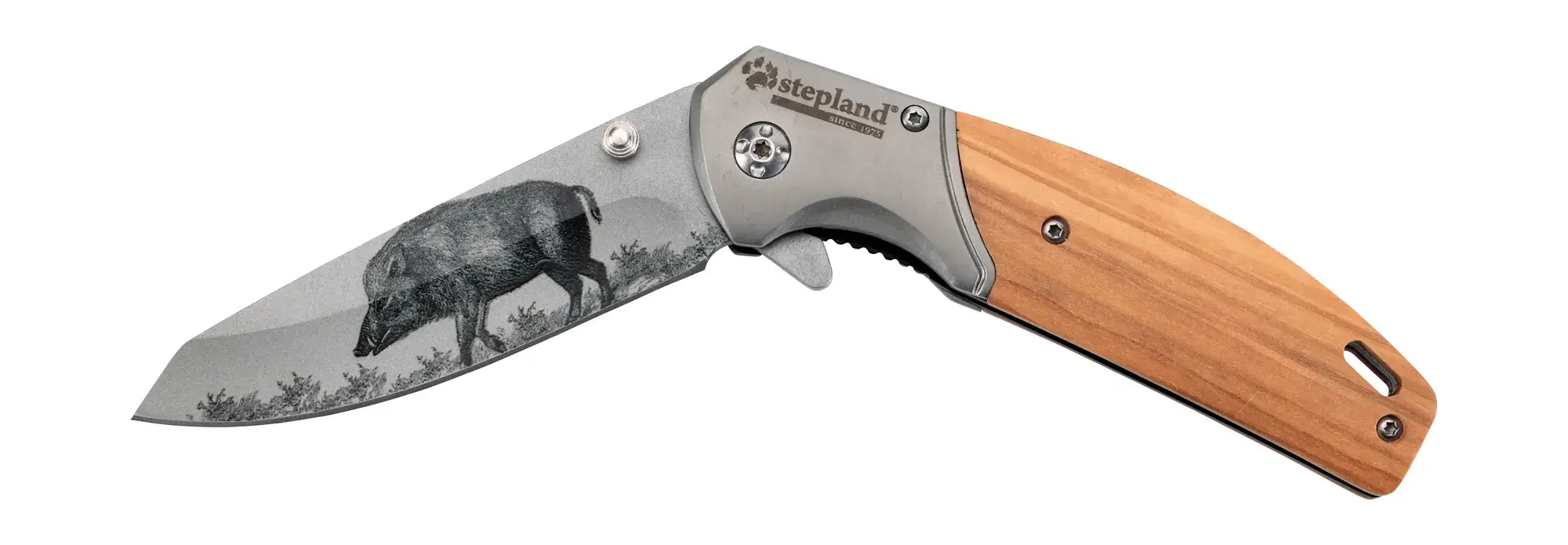 Klappmesser Stepland Graviert Wildschwein Griff Holz, Bild 2 von 4