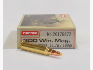 Box mit 20 Patronen Kaliber 300 Winchester Magnum Norma Kunststoffspitze 180 Grain