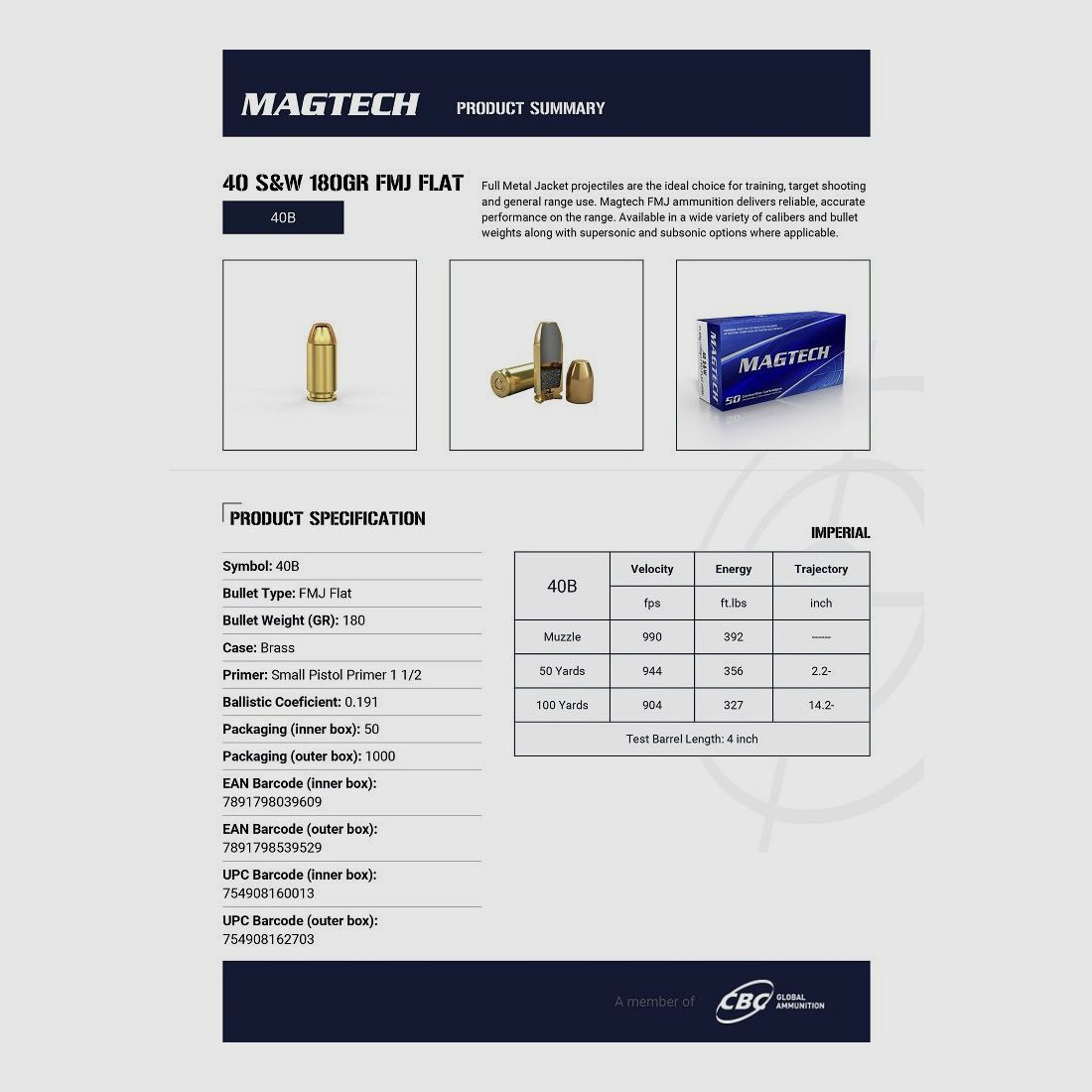 MAGTECH 40SW 180GR FMJ FLAT Patronen Box mit x1000, Bild 2 von 3