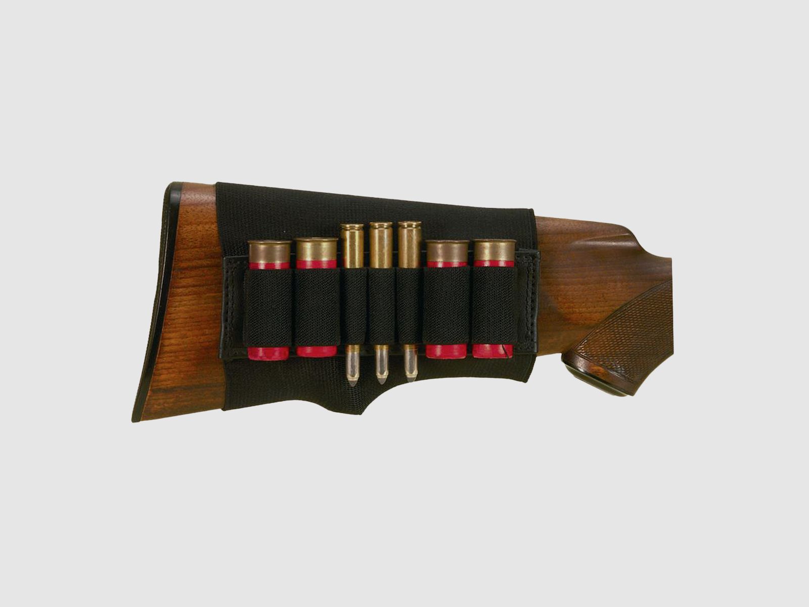 Ammunition case for rifle stock, space for 4 shotgun and 3 bullet cartridges, with rubber loops