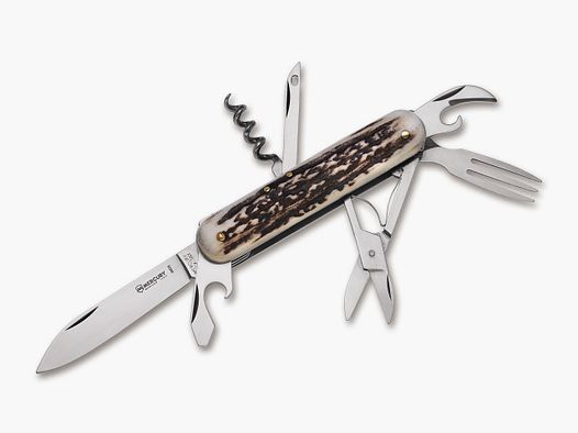 Taschenmesser 913-7DC mit Hirschhorn u. Gabel, Schere, Korkenzieher Jäger §42a konform legal führen