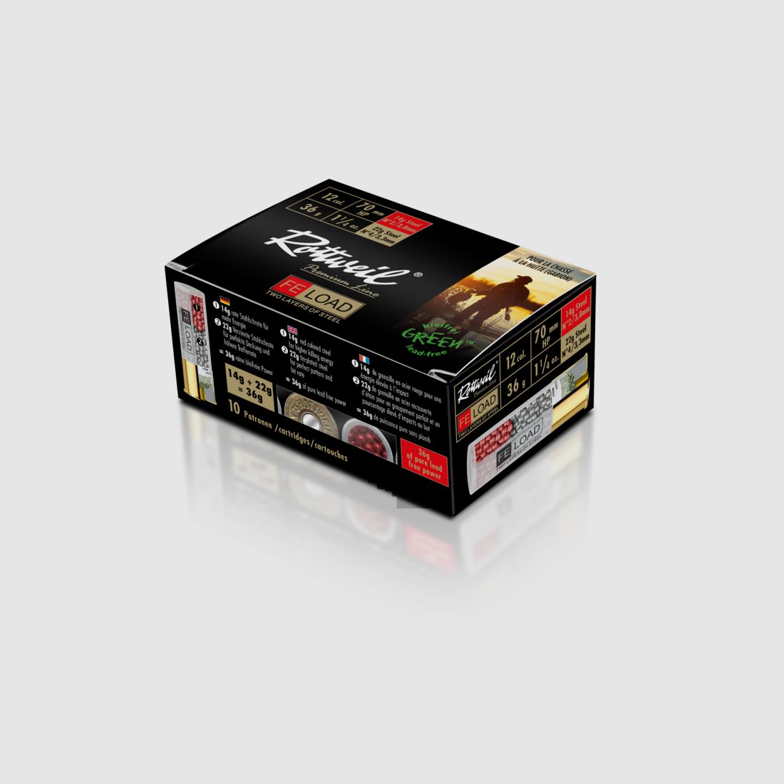 Rottweil 2414045 Cartouches de chasse 12/70 FE-Load 3,3+3,8mm 36g Acier 10 pièces sans plomb