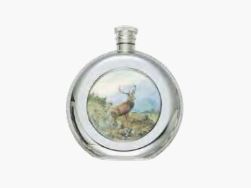 Fritzmann cognac bottle stainless steel bottle plain, round, with colored hunting motifs deer