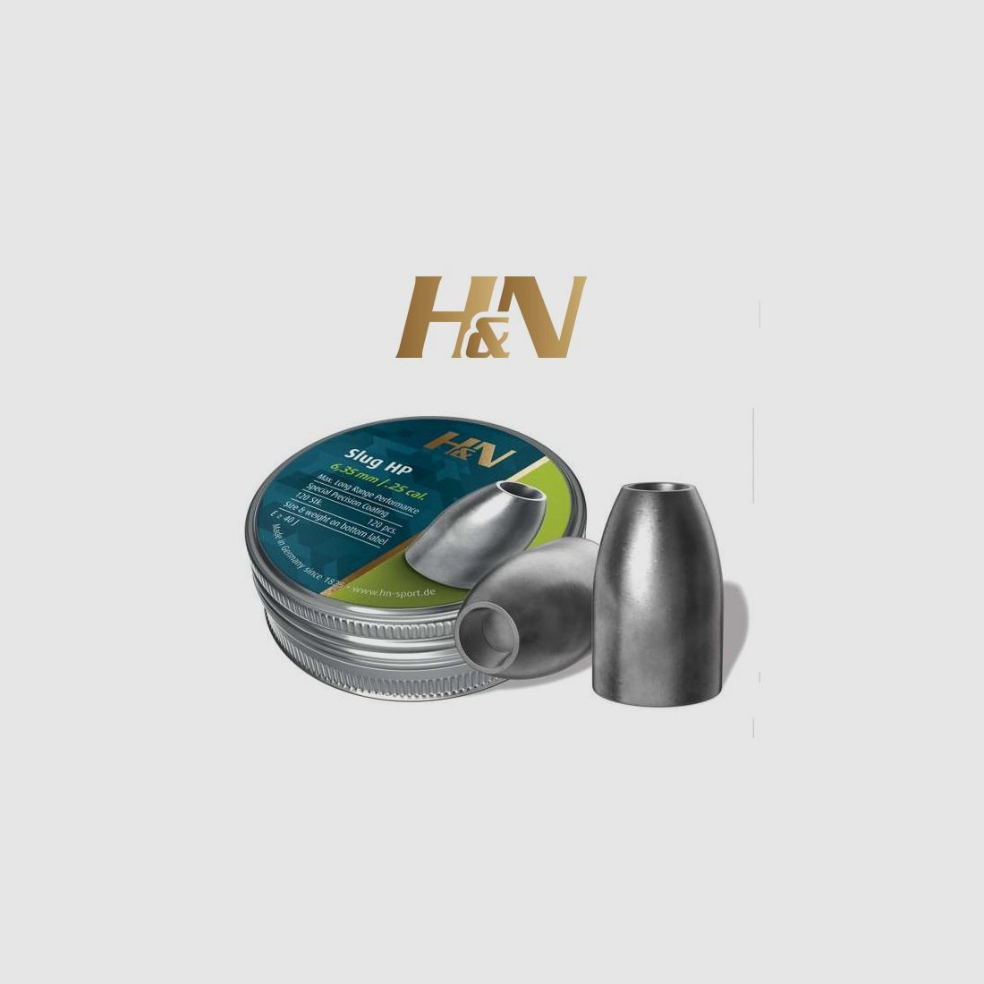 Balines H&N Slug HP cal. 6’32 mm /.249″ – Lata de 120 balines de 1’94 g.