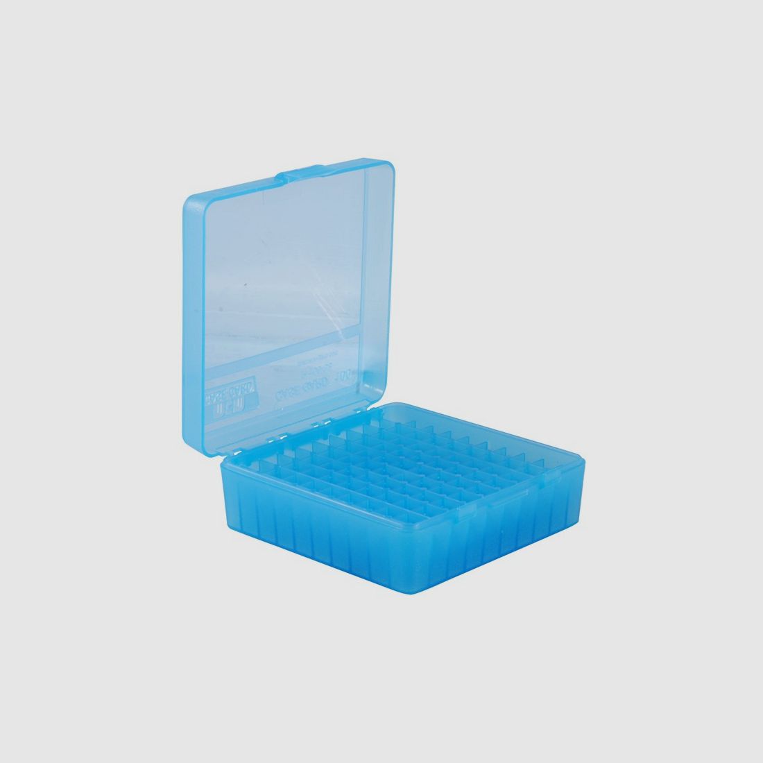 MTM scatola per cartucce P-100-3-24 blu trasparente con coperchio a ribalta per 100 cartucce .38/.357 e altre.