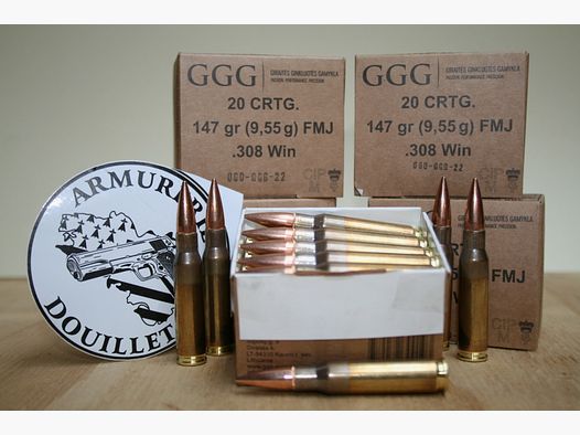100 Munitions GGG .308 winch FMJ 9.55 g (147 grs) (lot de 5 boites)