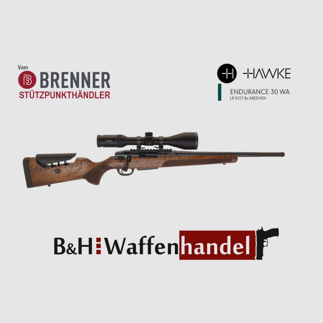 Brenner Komplettpaket: BR20 L.E. (Nussbaum, verstellbarer Schaftrücken) mit Hawke Endurance 2.5-10x50