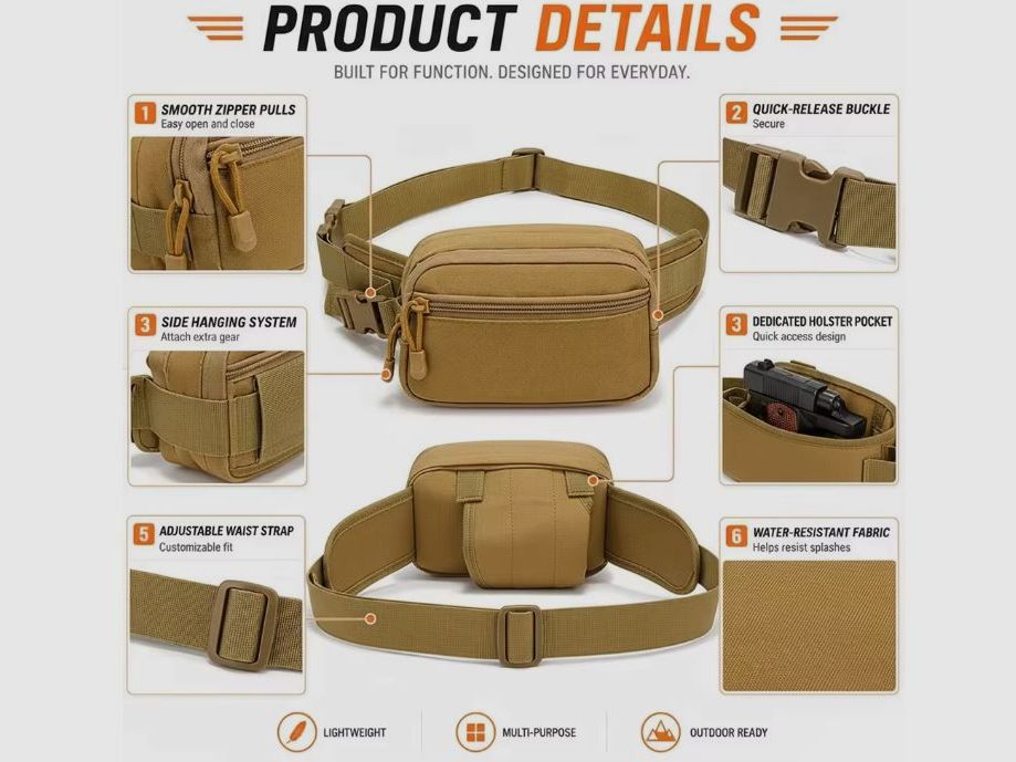 Taktische EDC Bauchtasche aus 1000D Nylon – Gürtel & Schulterriemen – 3 Farben, Bild 4 von 13