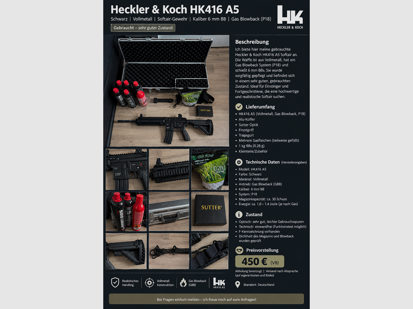 Heckler & Koch HK416 A5 czarny pełnometalowy karabin softair kaliber 6 mm BB gaz Blowback (P18), zdjęcie 14 z 14