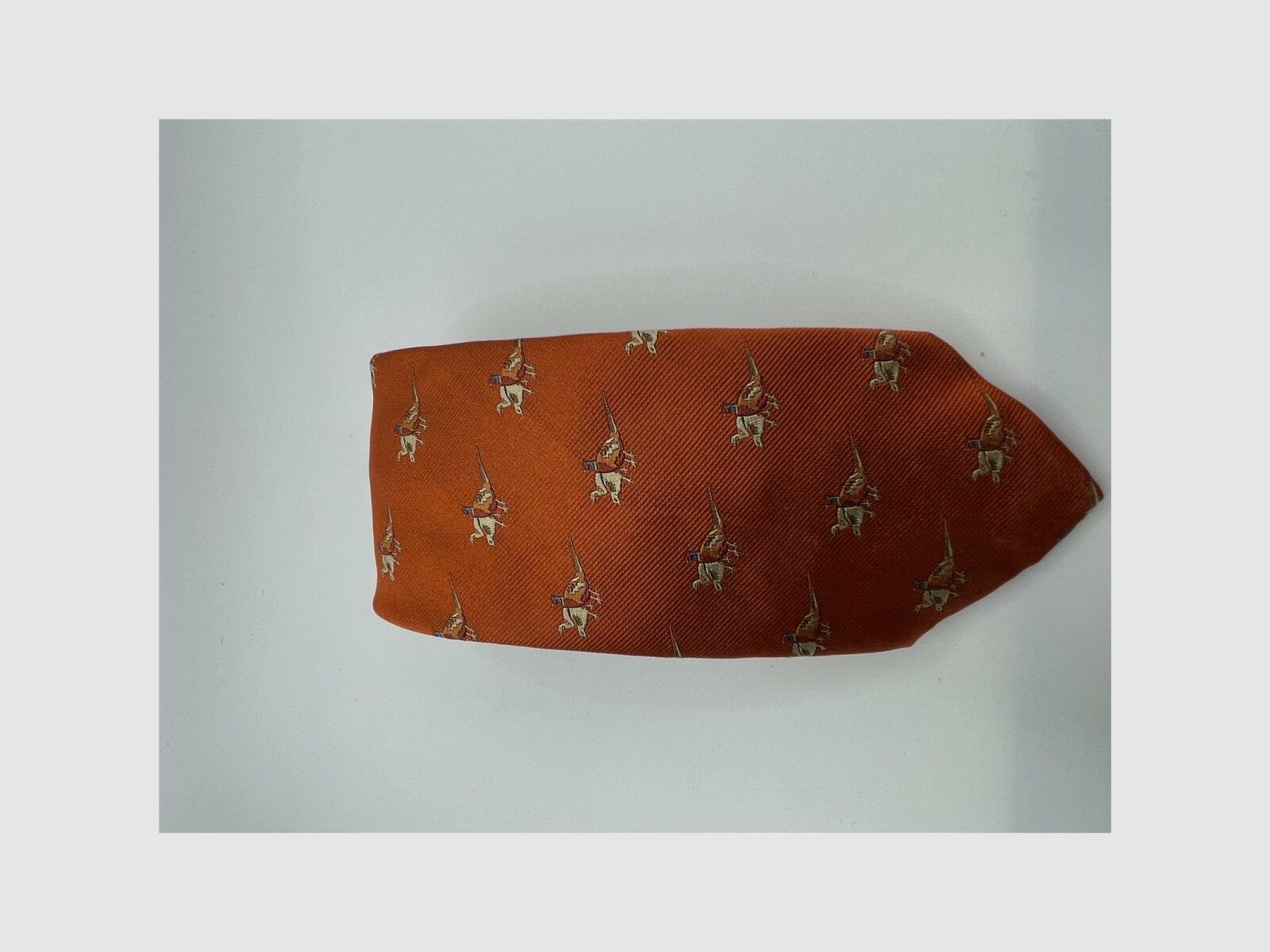 Robert Keyte tie 100% silk orange motif pheasant: cock and 2 hens