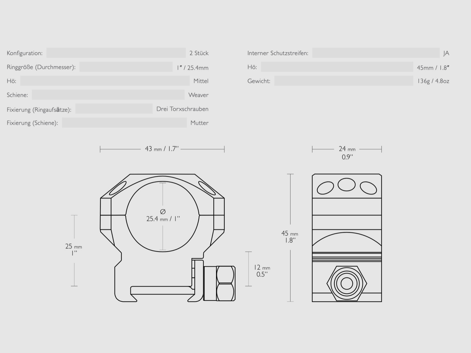 HAWKE 24111 taktyczny montaż pierścieniowy do celownika Weaver 25,4mm środkowy 2 sztuki
