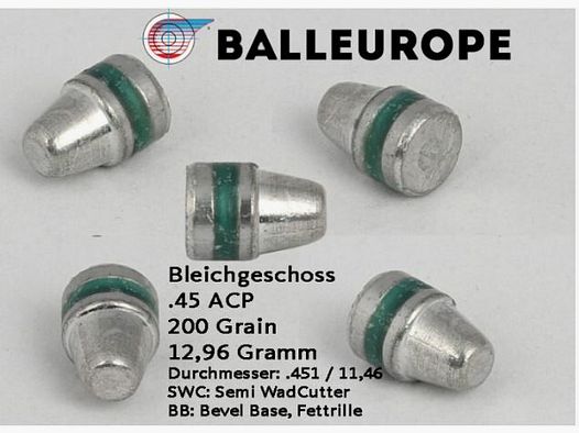 Balleurope .45 ACP 100 piezas .451 11,46mm 200 granos SWC balas de plomo
