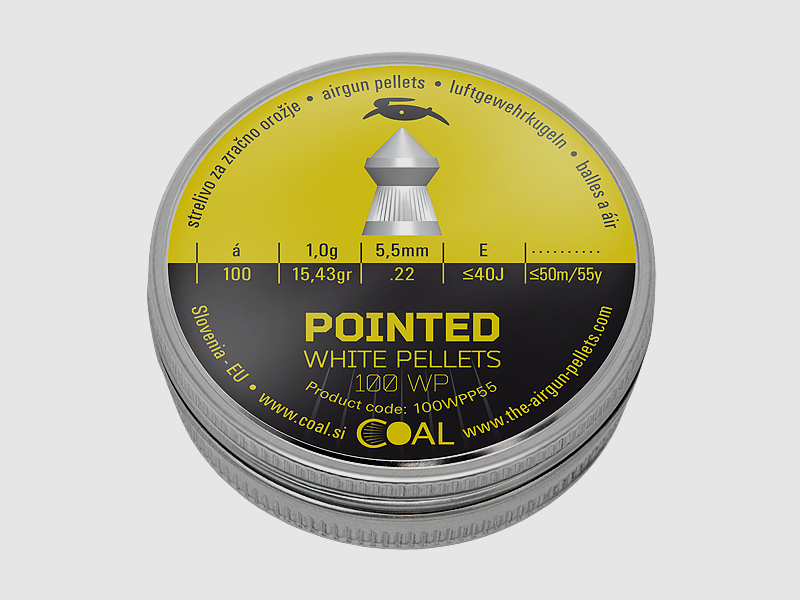 Coal Pointed White Pellets Pointed Diabolos ribbed stock cal. 5.5mm/.22 100 pcs.