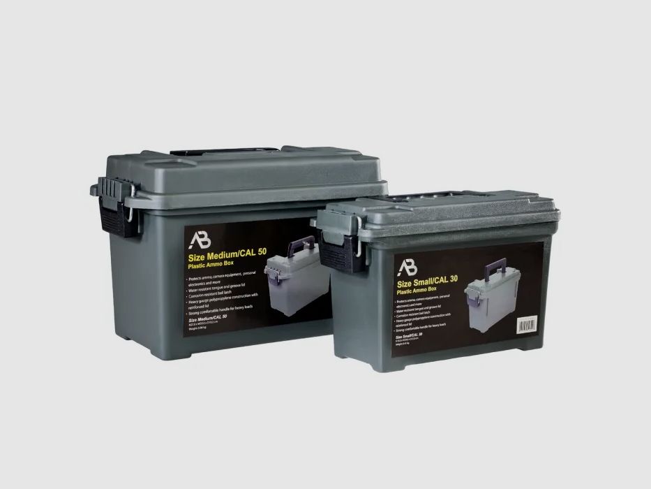 Set Munitionskiste Gr. 1 (Cal.30) + Gr. 2 (Cal.50), schlagfester Kunststoff, abschließbar, Oliv, ohne Aufdruck