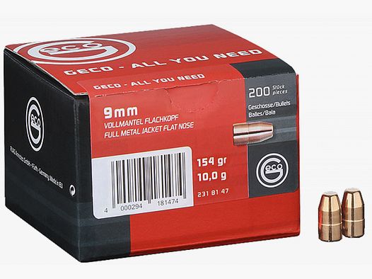 NEU 200 Stück GECO Geschosse .355 9mm - 154grs 10g FMJ Vollmantel-Flachkopf TOP-Präzision #2318147