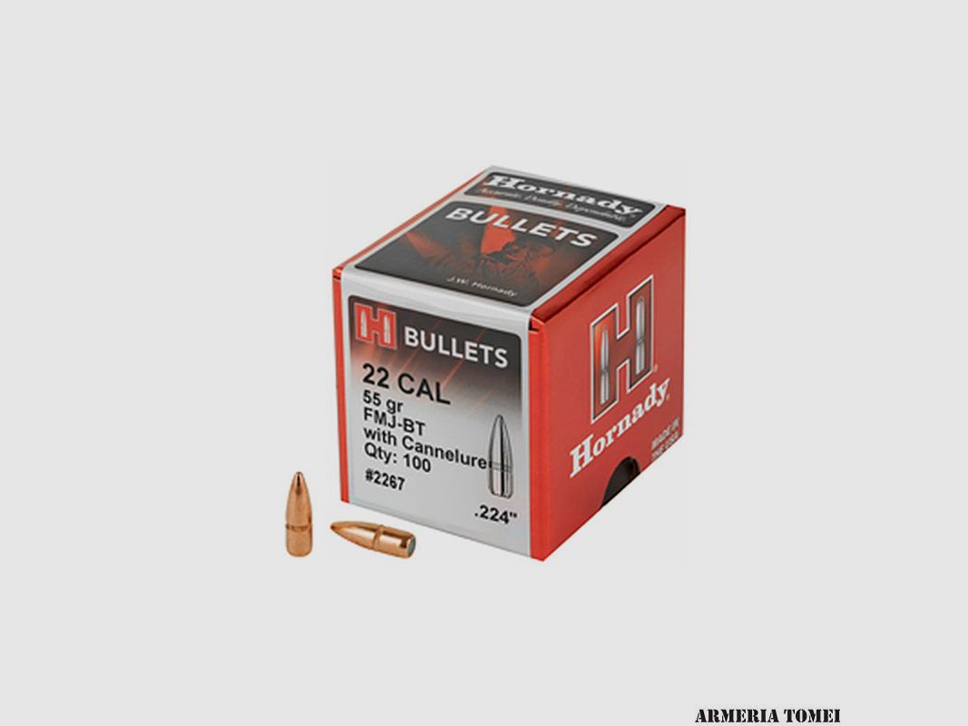 HORNADY – 22 Cal .224 55 gr FMJ-BT with cannelure (100 pcs)