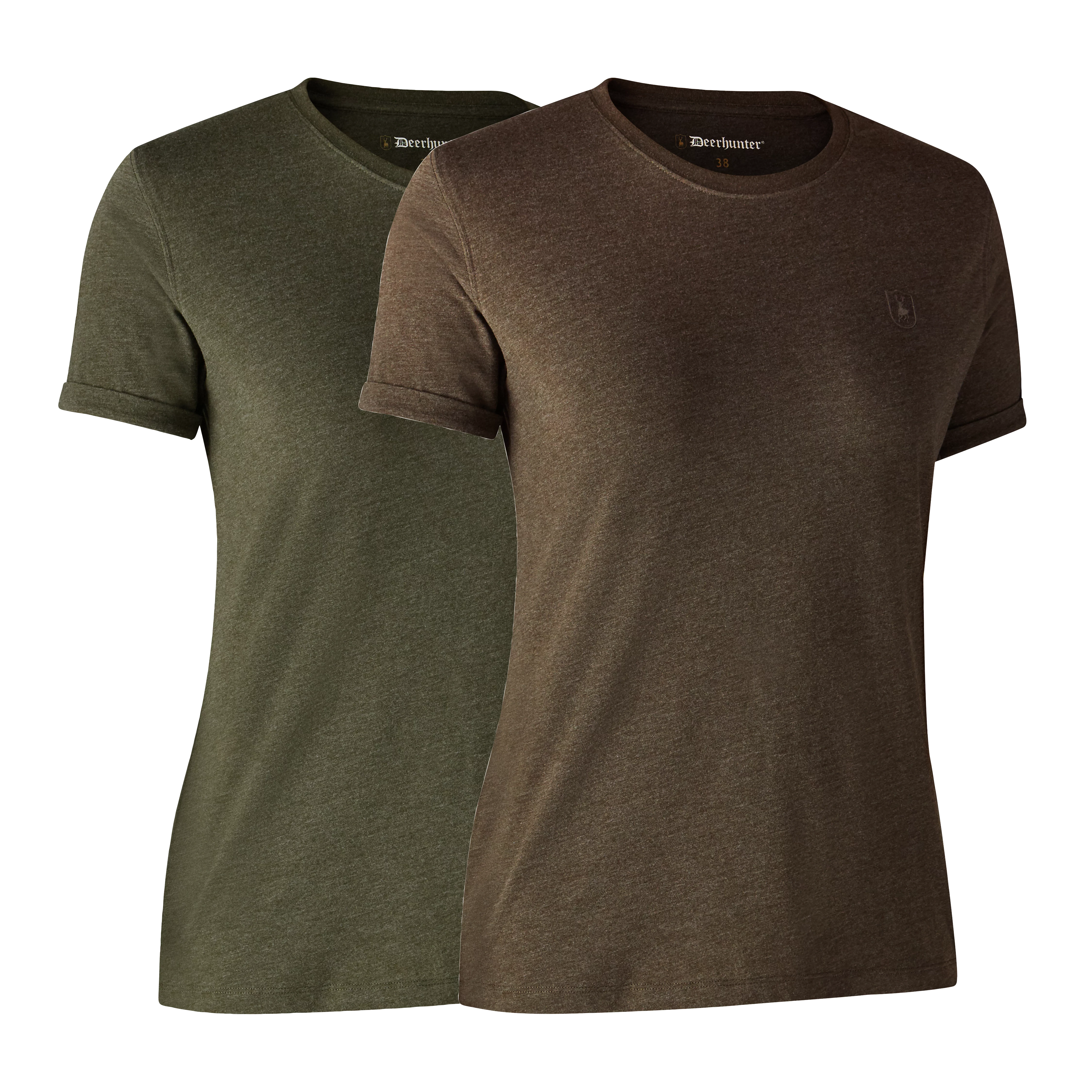 Dames basic T-shirt, 2-pack - Adventure Green mel/Brown Leaf mel.