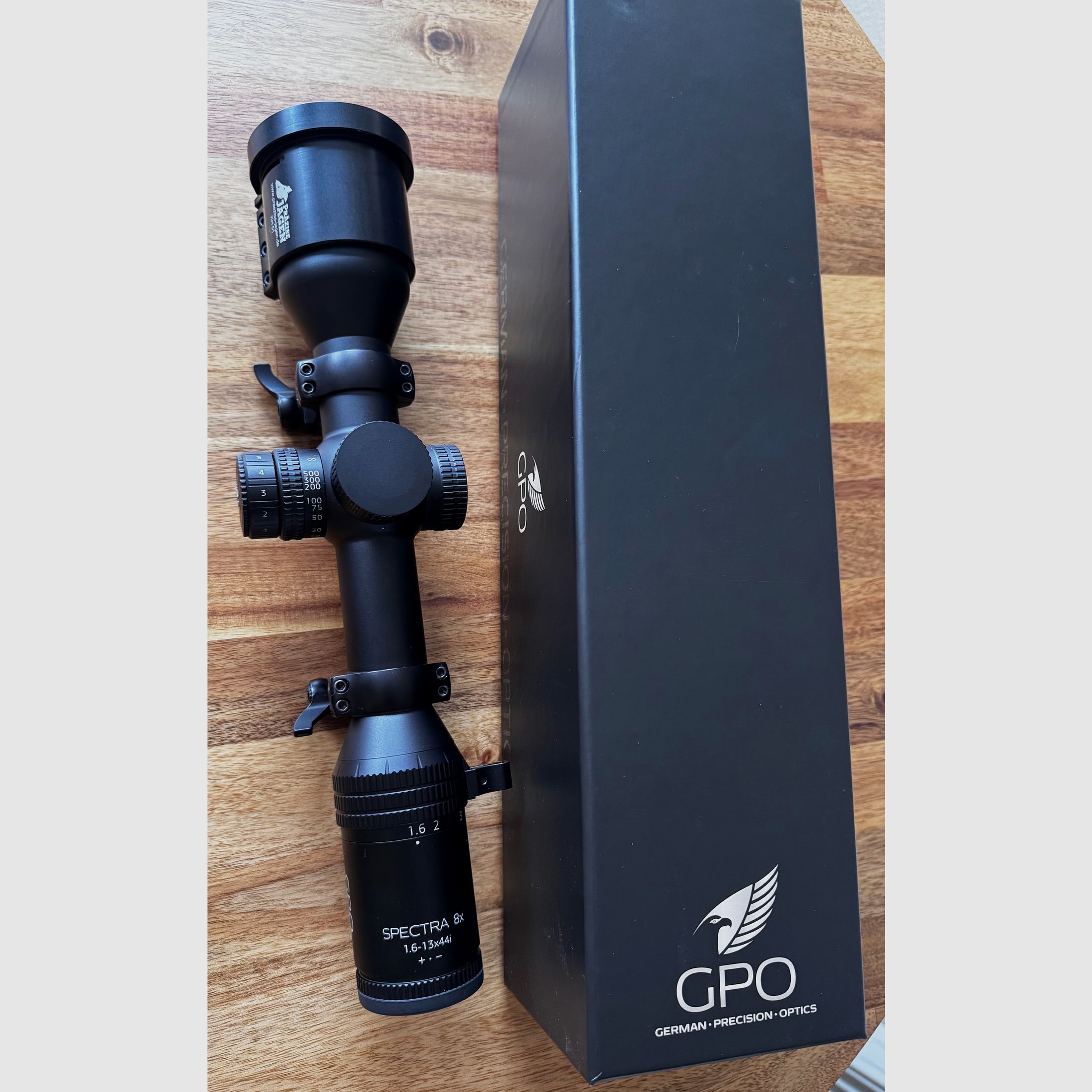 GPO Spectra 8x 1,6-13x44i inkl. Präzise Jagrn Adapter und Recknagel PSG Aufkippmontage