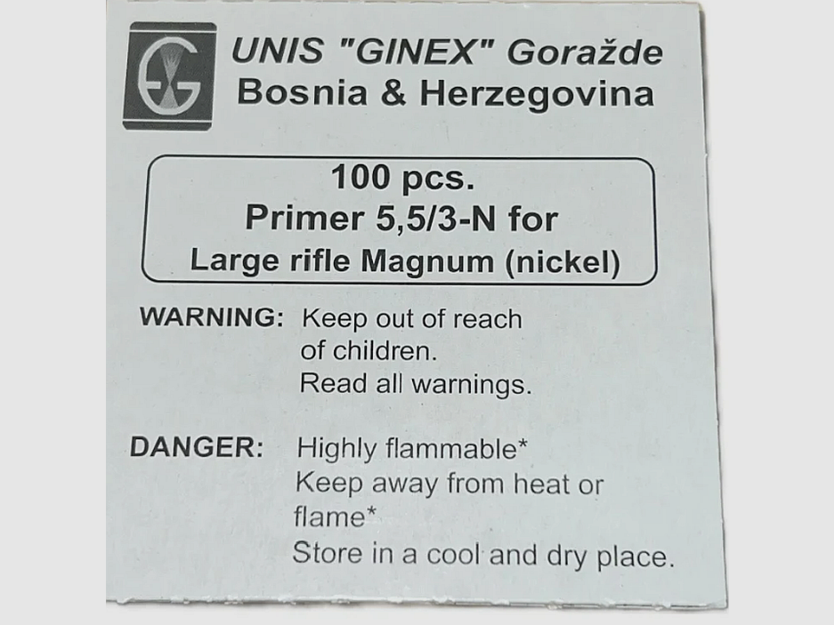 Ginex Zündhütchen Large Rifle Magnum 5,33mm Boxer 100Stk.