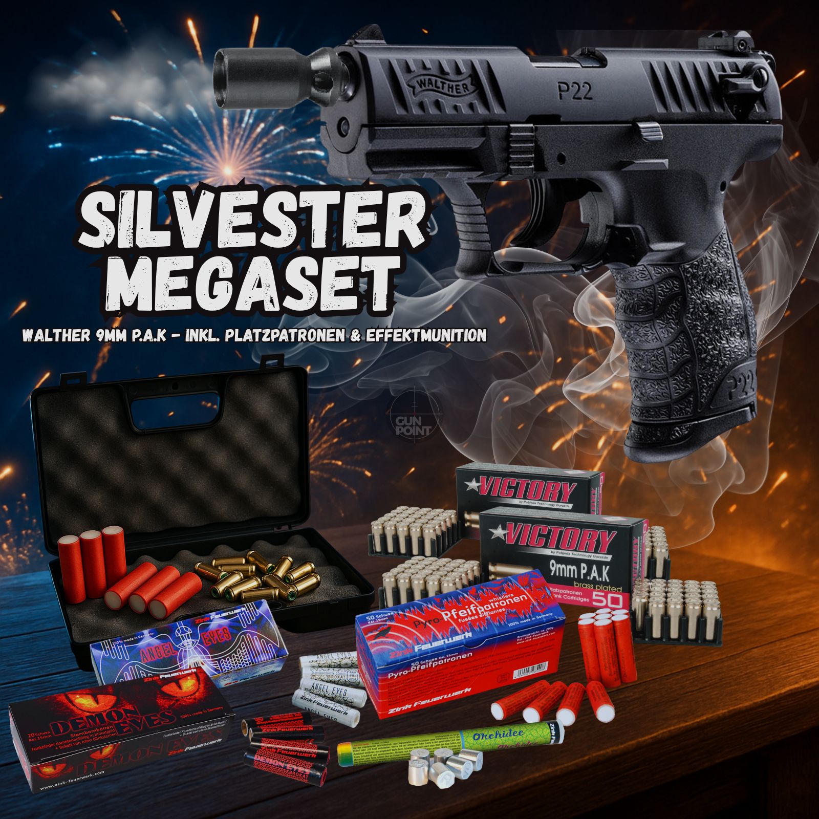 SILVESTER MEGASET !!! Blank firing pistol - Walther P22Q - 9 mm P.A.K. including case, 100 blank cartridges & 100 shots of effect ammunition