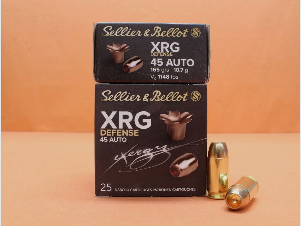 S&B Sellier & Bellot Cartuchos .45Auto S&B/ Sellier&Bellot 130grs HP XRG Defensa Totalmente de Cobre Sin Plomo VE 25 Cartuchos/ 10,7g Punta Hueca