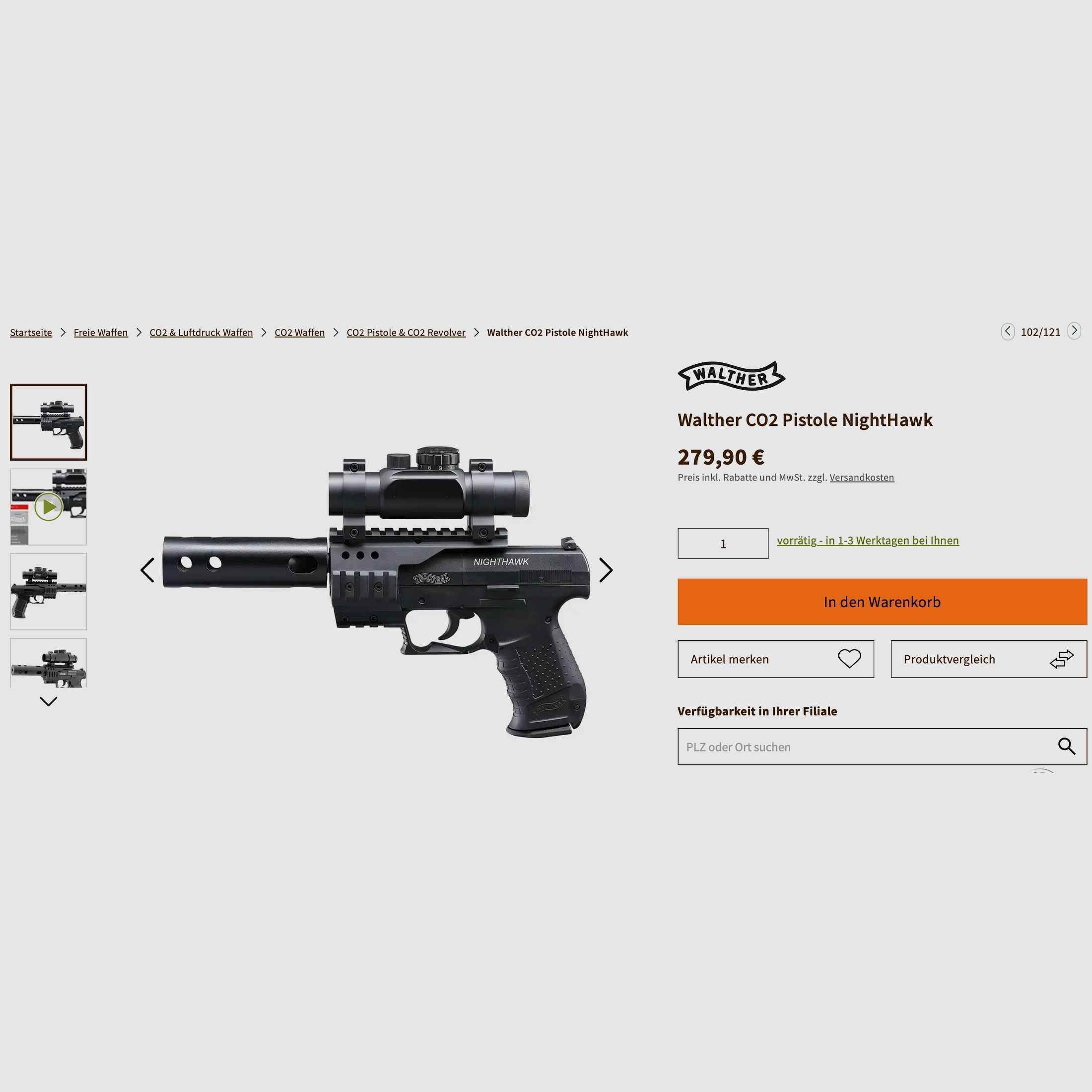 Walther Nighthawk Set, CO2, pistola ad aria, incl. ottica (reddot), compensatore & valigetta,