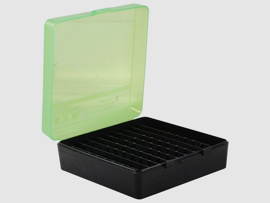 MTM scatola per cartucce P-100-44-16T verde/nera con coperchio a ribalta per 100 cartucce .44 Mag. e altre.