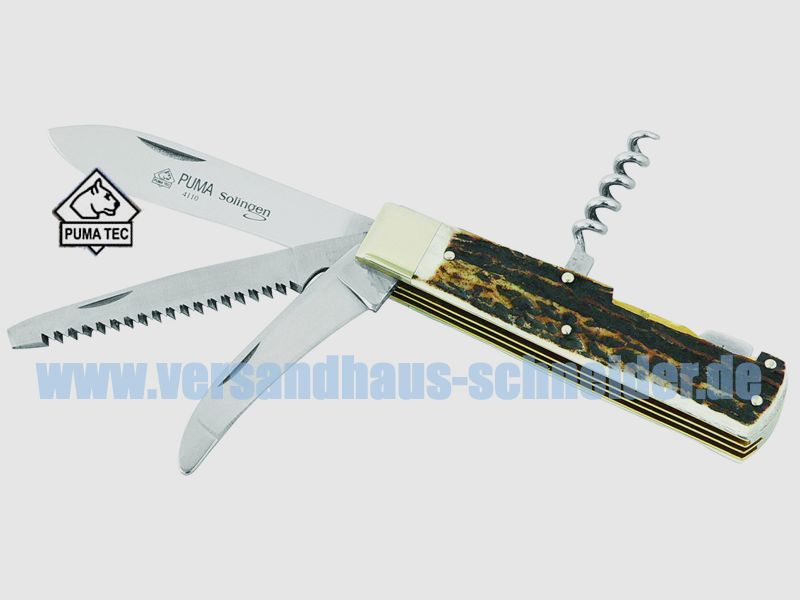 Puma TEC Jagd-Taschenmesser, 4-tlg., Stahl 1.4110, Hirschhorn, Neusilberbacken