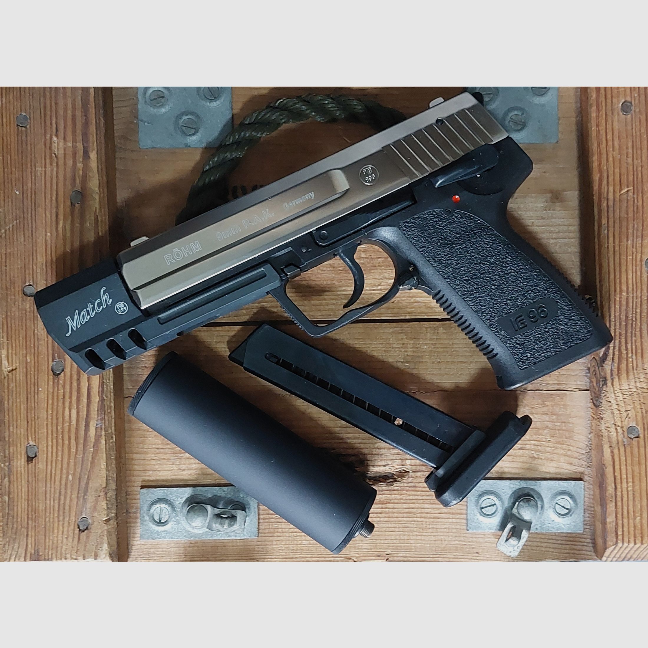 ⚠️ ! RÖHM - RG96 - MATCH - con SUPRESOR de sonido mate cromo (PTB 699) Glock RG 96 Walther