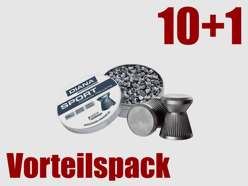 Vorteilspack 10+1 Flachkopf Diabolos Diana Sport Kaliber 4,5 mm 0,47 g geriffelt 11 x 500 StĂĽck