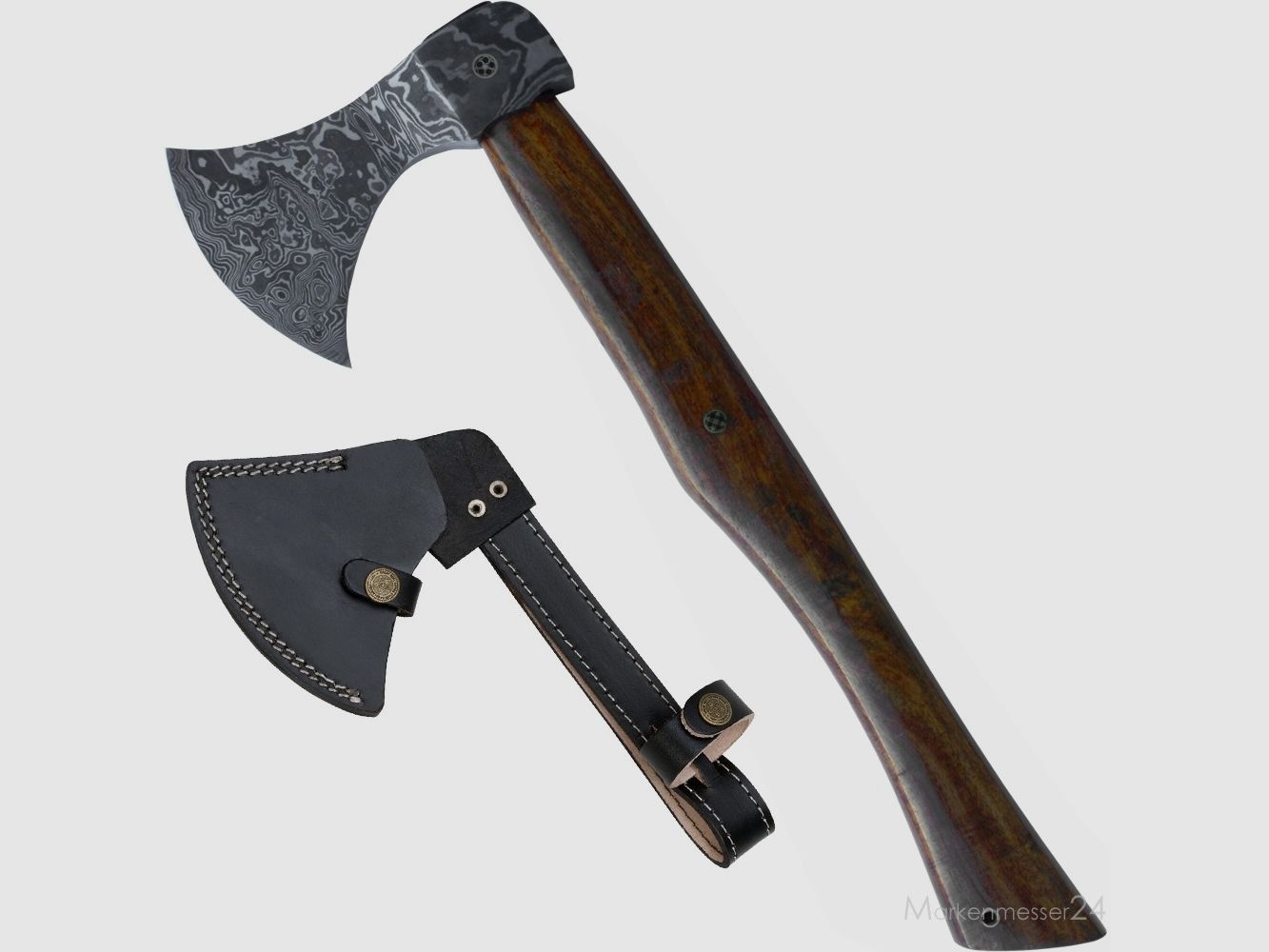 Damast Axt mit geschwungenem Holzgriff und Lederscheide