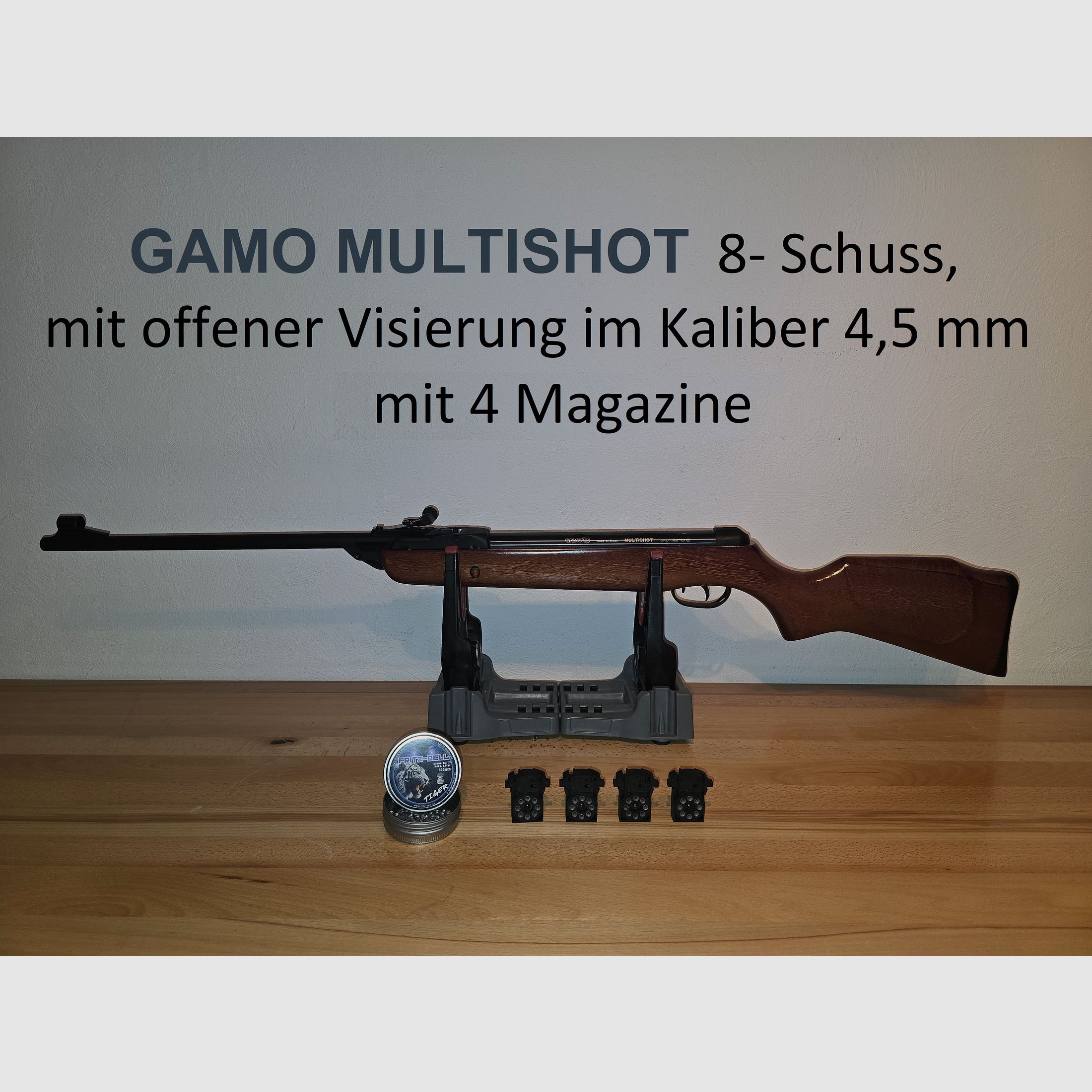 Carabina de aire comprimido GAMO MULTISHOT 8 disparos, con mira abierta en calibre 4,5 mm con 4 cargadores